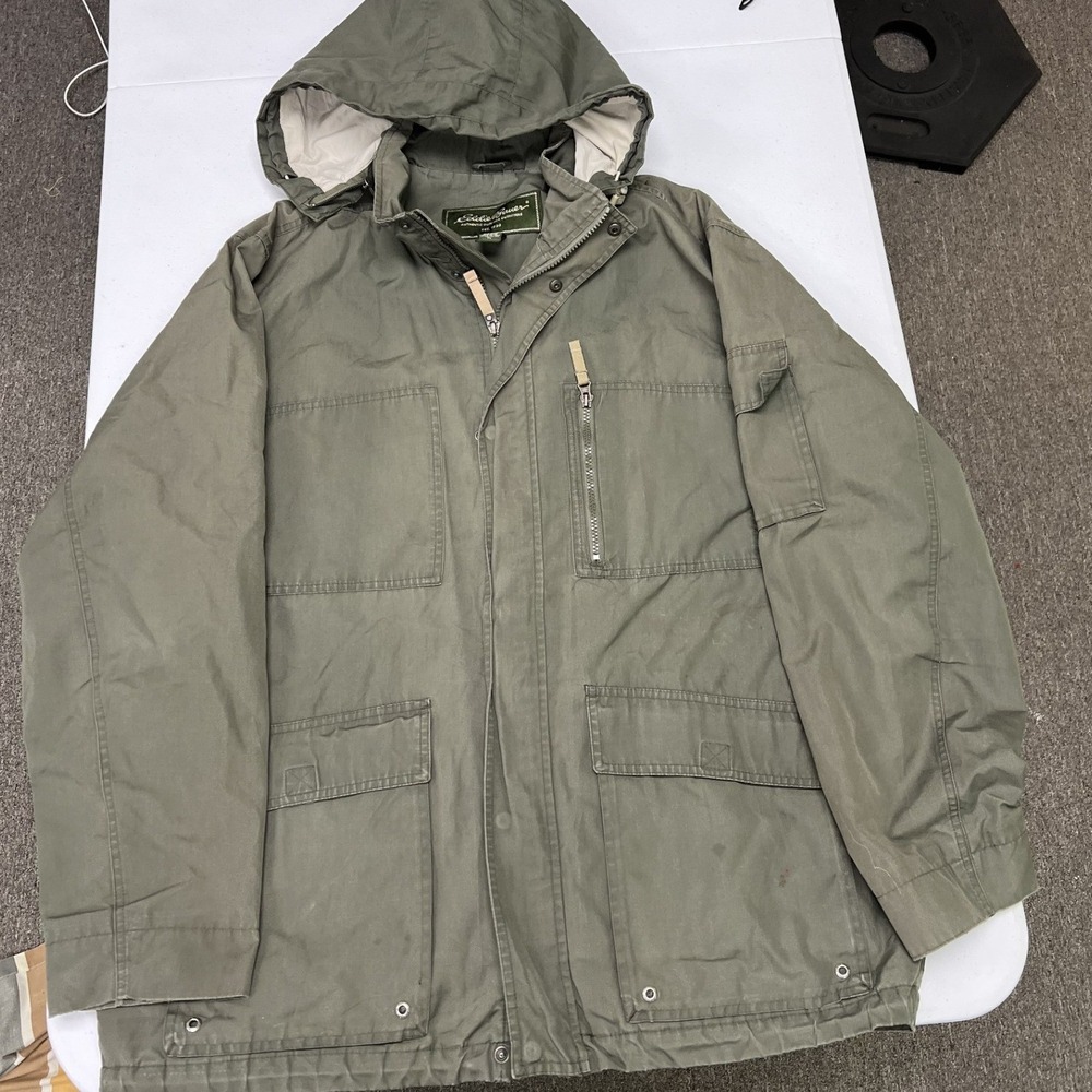 Eddie Bauer Field Jacket Mens XL Olive Green Hooded Utility Pocket Distressed